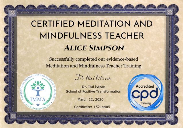 Alice Simpson's meditation certificate